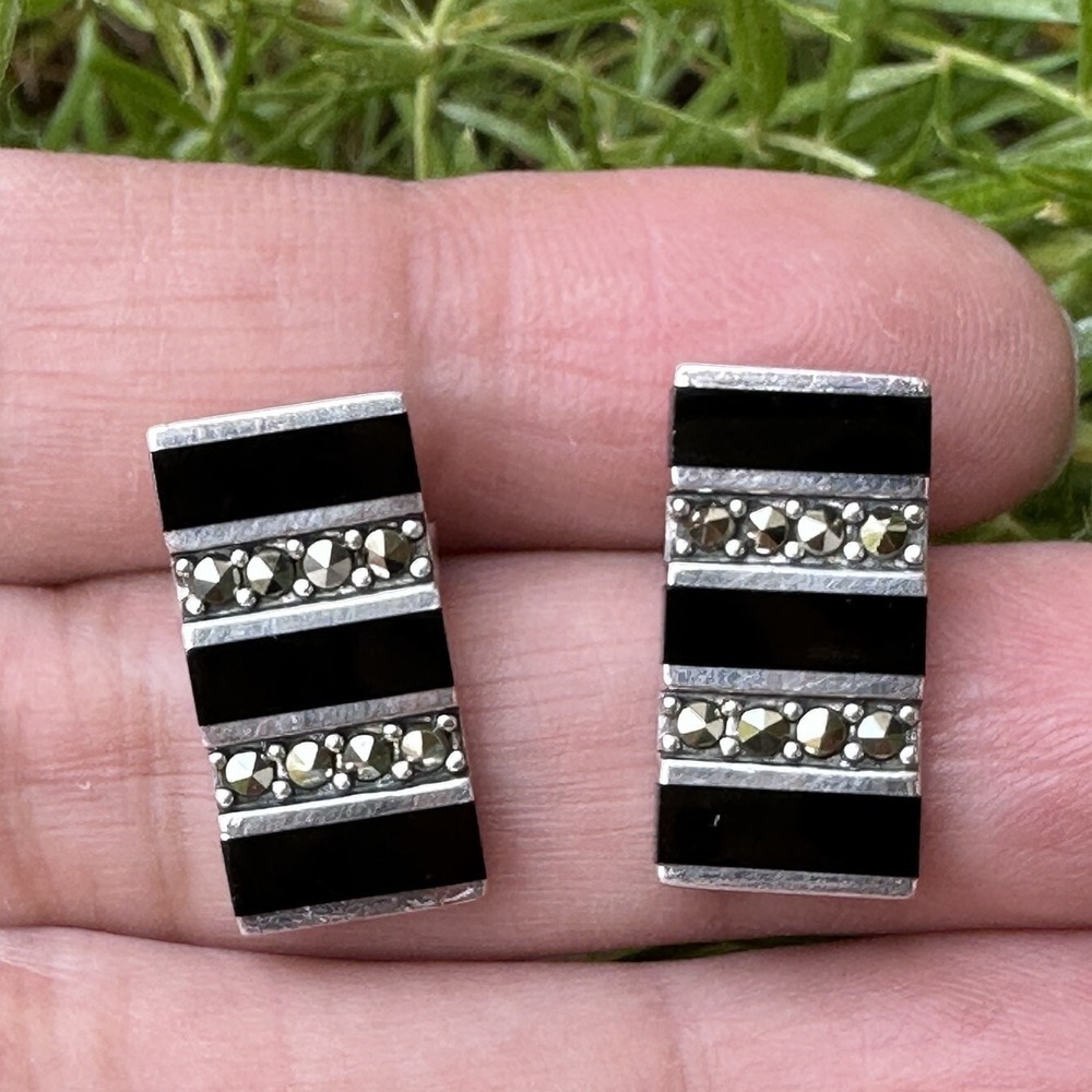 VTG SU Earrings 0.75 Inch‎ Black Onyx Marcasite Geometric 925 Sterling 6.5g